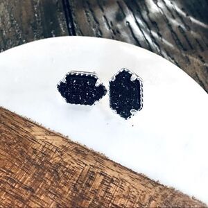 Black Silver Earrings Druzy Stud Post Dainty Crystal Stone Boho Casual Cocktail